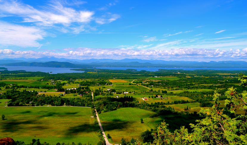 View of Lake Champlain and Adirondacks from Mt. Phillo in Charlotte, Vt