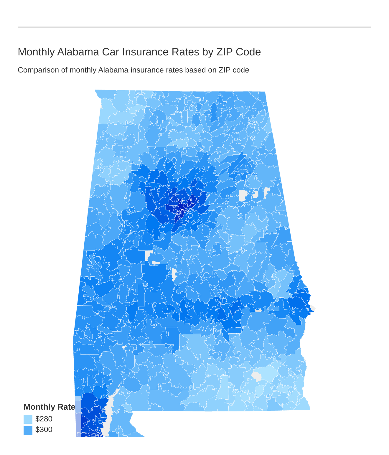 Monthly Alabama Car Insurance Rates by ZIP Code